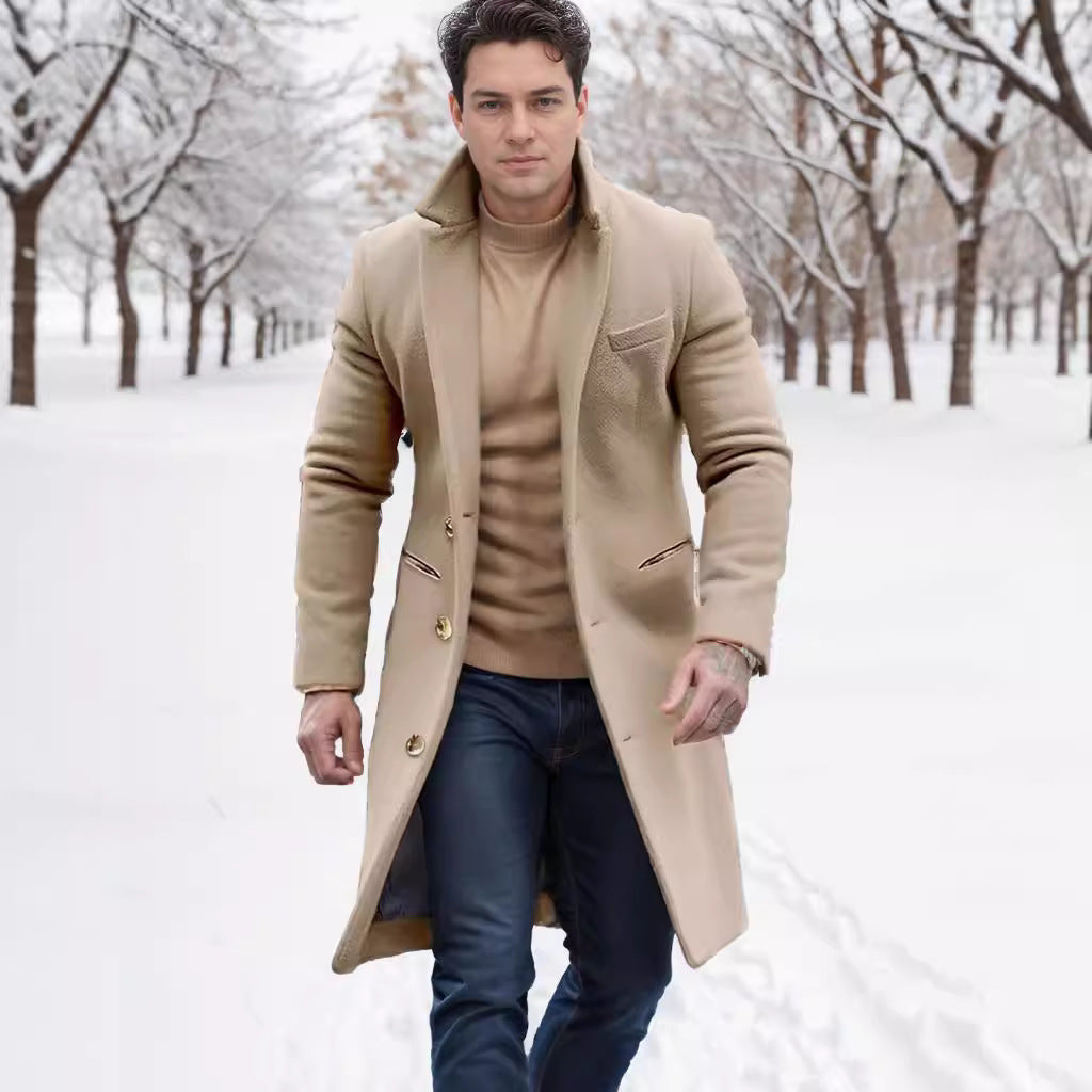 Herren eleganter Wollmantel mit schmalem Schnitt und goldenen Knöpfen Drune