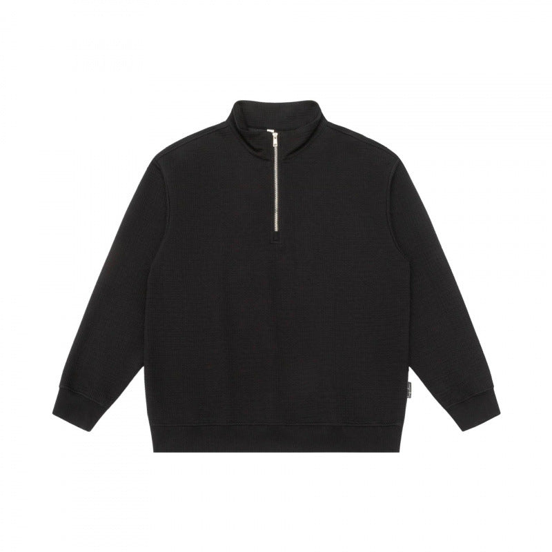 Unisex Oversize Waffelstruktur Halbzip-Pullover mit Stehkragen Drune
