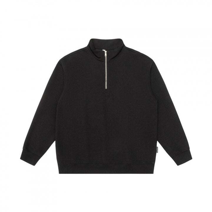 Unisex Oversize Waffelstruktur Halbzip-Pullover mit Stehkragen Drune