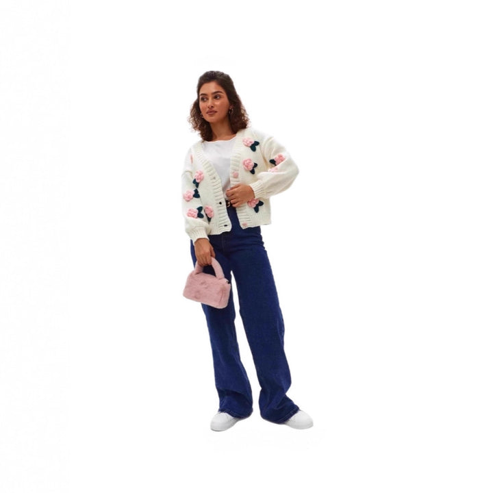 Damen Kuschelige Strickjacke mit Blumenapplikationen Drune