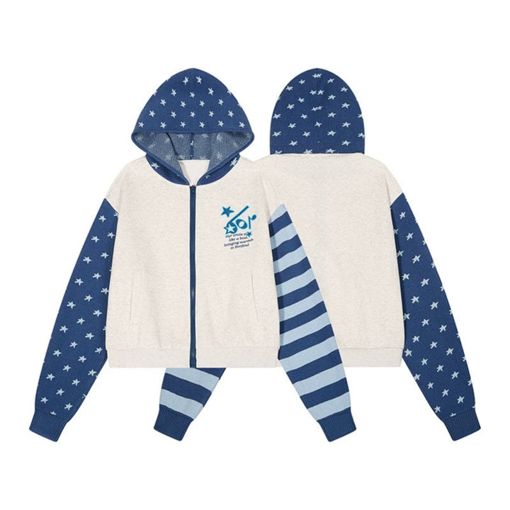 Damen Kurz geschnittene Kapuzen-Sweatjacke mit durchgehendem Reißverschluss, gemusterten Ärmeln und Sternmotiv Drune
