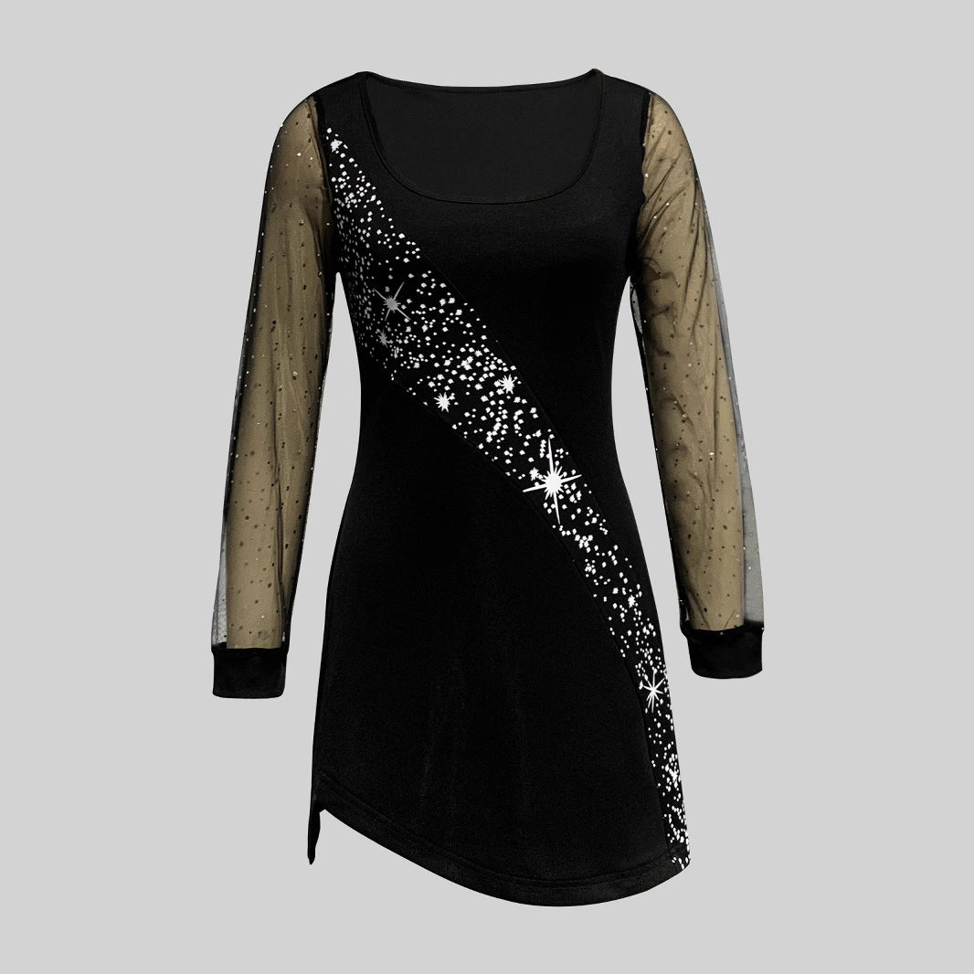Damen Glamouröses Cocktailkleid mit Sternen-Design und Transparenten Ärmeln Drune