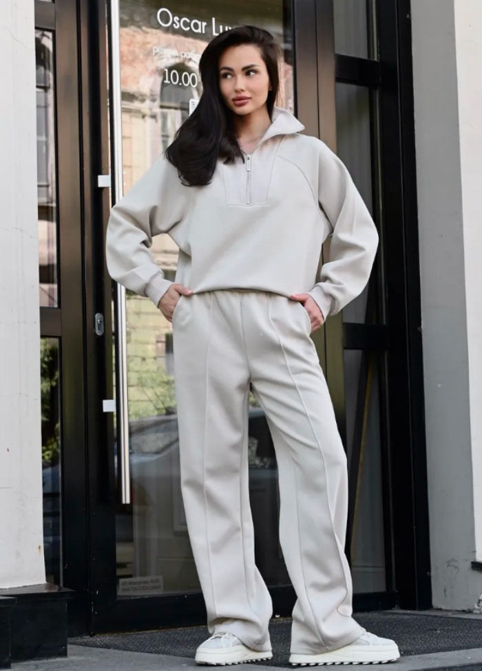 Damen Oversize-Halbreißverschluss-Sweatshirt mit weit geschnittener hochgeschnittener Palazzo-Hose Drune