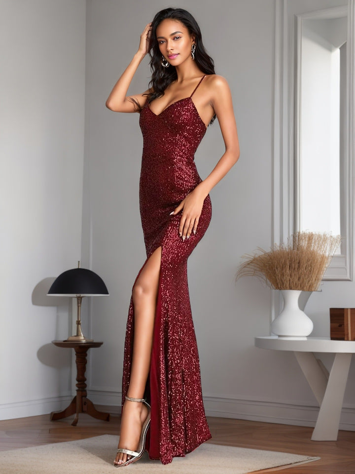 Damen Abendkleid mit schimmerndem Paillettenbesatz und verführerischem Schlitz Drune