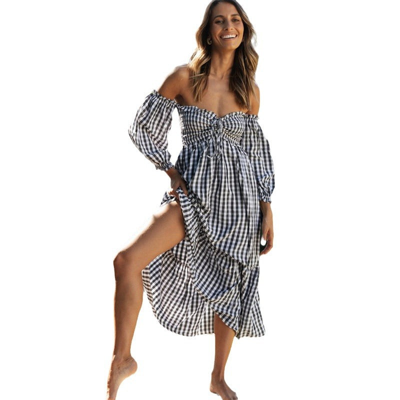 Damen Midi-Kleid mit Puffärmeln und Karomuster Drune