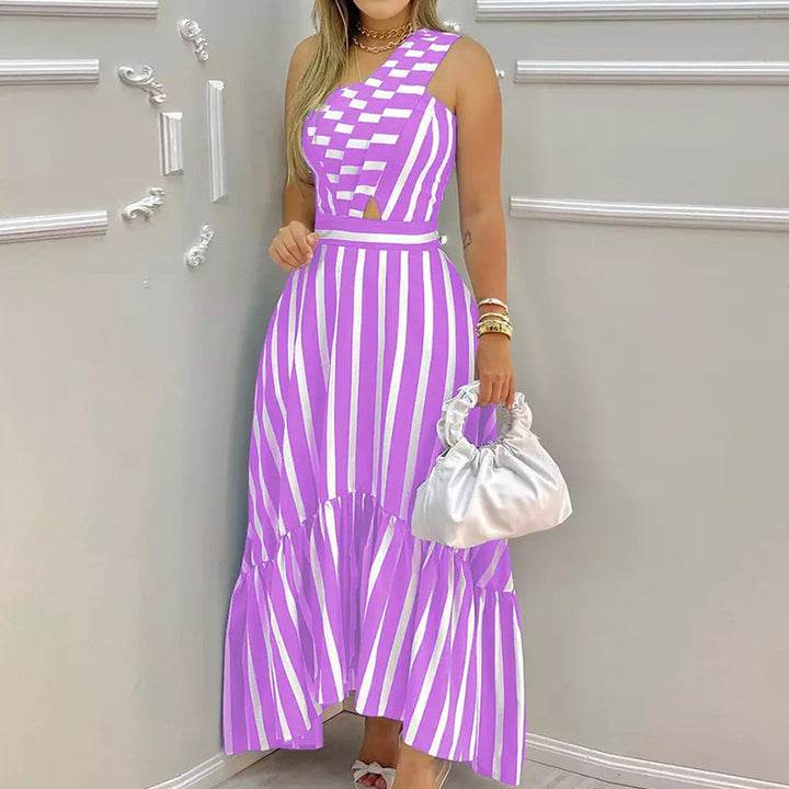 Damen Maxikleid mit asymmetrischem Saum und verspieltem Streifenmuster Drune
