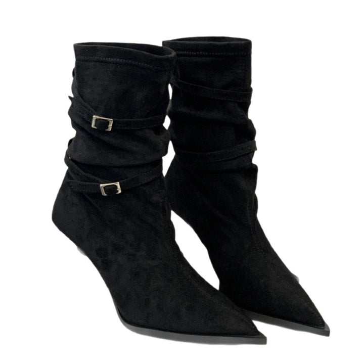 Damen elegante Stiefeletten aus süßem Wildleder mit schickem Falten-Design und kitten Absatz Drune