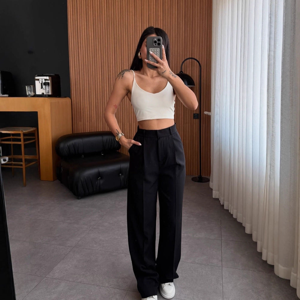 Damen hochgeschnittene Stoffhose mit geradem Bein Drune