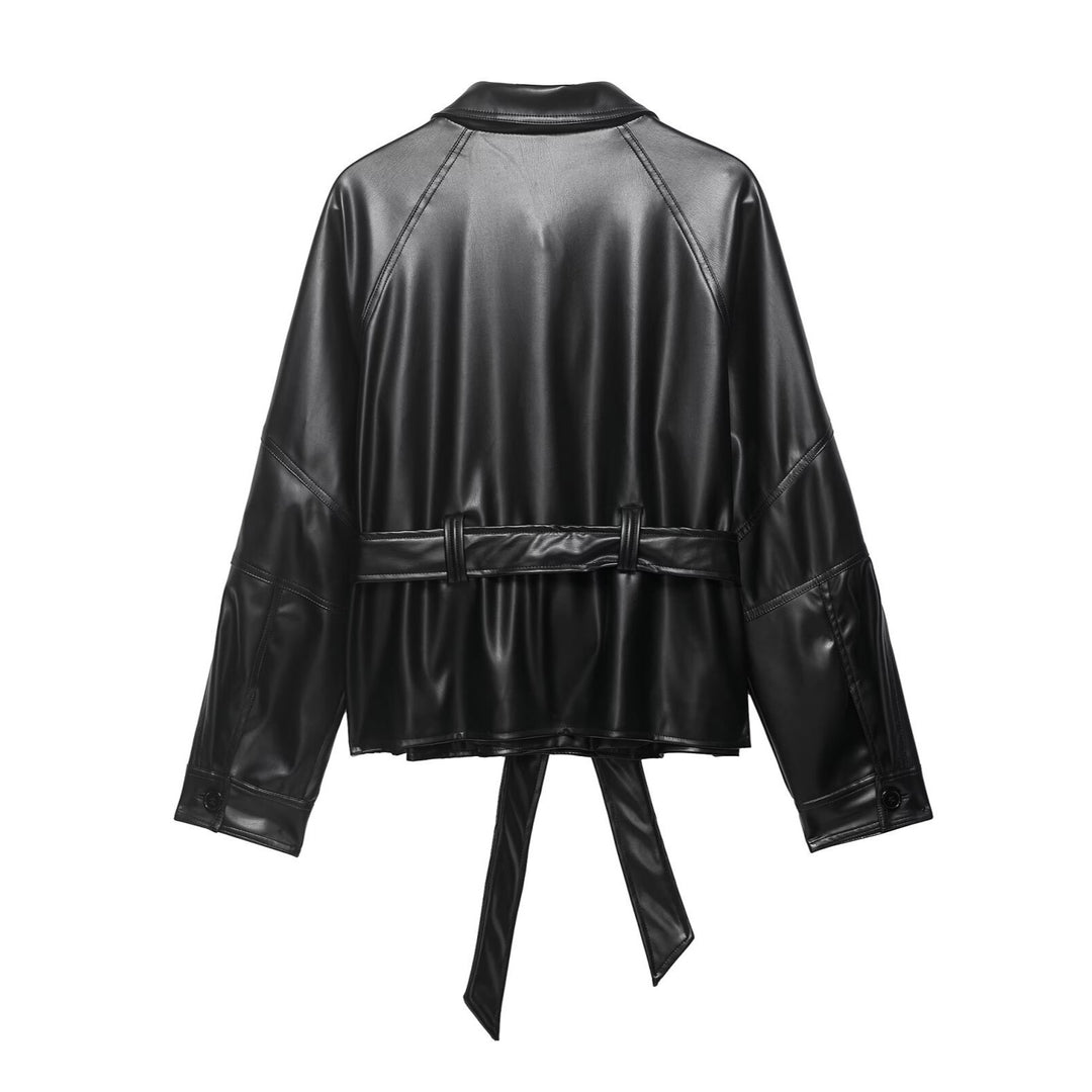 Damen Kurze Lederoptik-Trenchjacke mit Taillengürtel und überschnittenen Raglanärmeln Drune