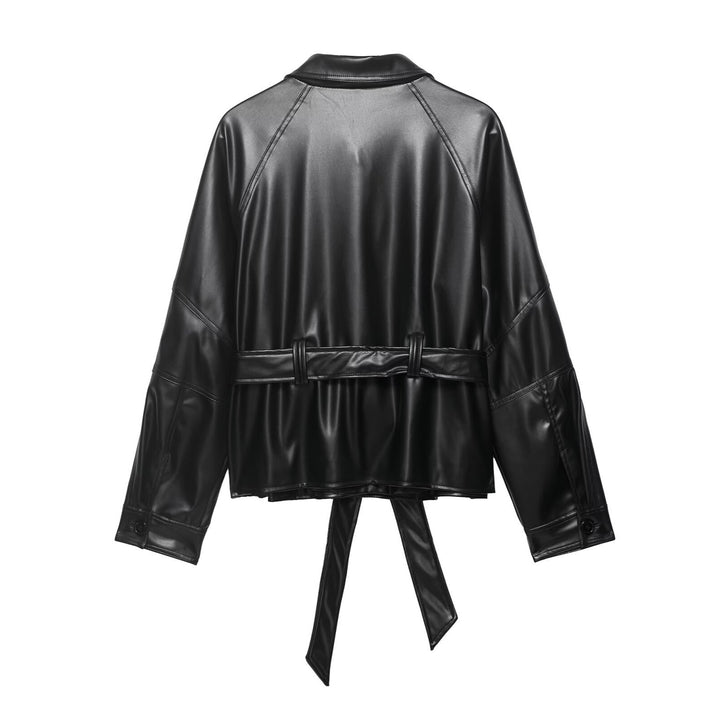 Damen Kurze Lederoptik-Trenchjacke mit Taillengürtel und überschnittenen Raglanärmeln Drune