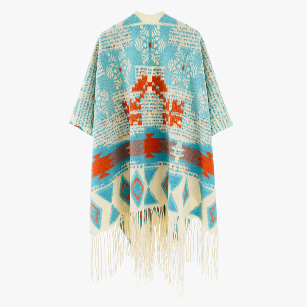 Damen Jacquard Überwurfcape aus feinem Strick mit Paisley-Bordüre Drune