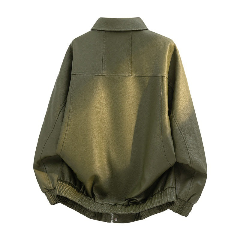 Herren oversized Kunstleder-Fieldjacke mit verdecktem Reißverschluss, elastischem Saum und aufgesetzten Taschen Drune