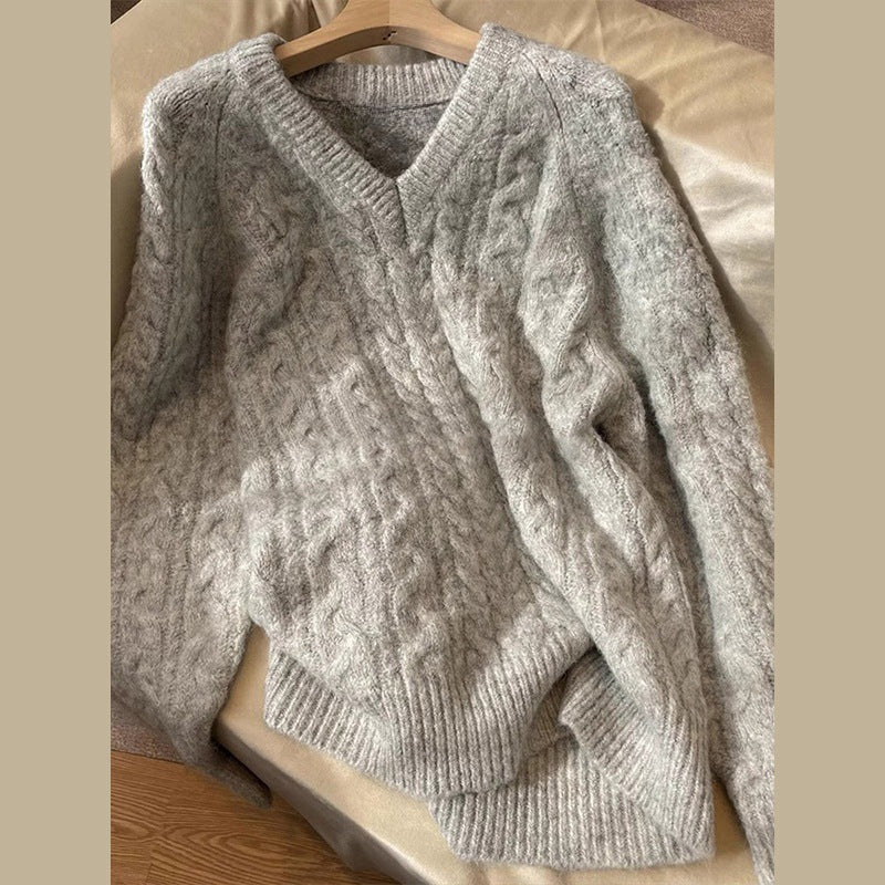 Damen Grobstrickpullover mit V-Ausschnitt und Zopfmuster Drune