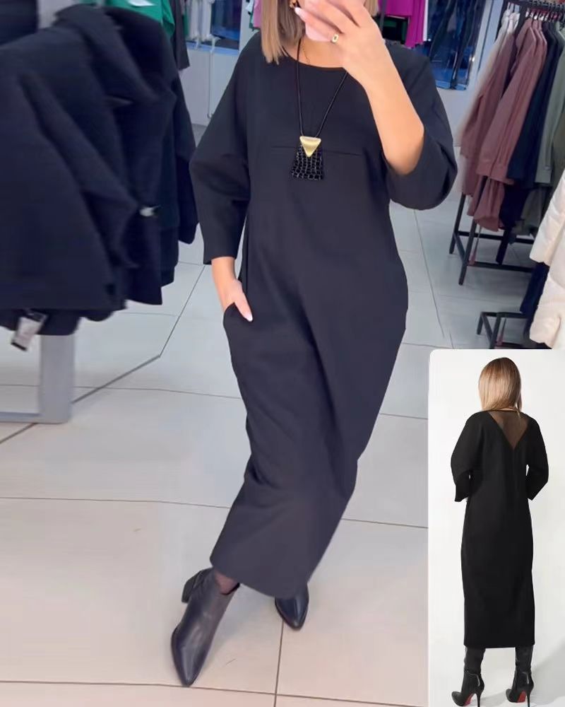 Damen nan gerades Maxikleid mit knöchellanger Silhouette, halblangen Ärmeln, Seitentaschen und transparentem V-Rücken Drune