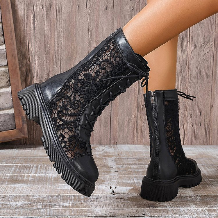 Damen Schnürstiefel mit Spitzeneinsätzen, robuster Profilsohle und Lederoptik Drune