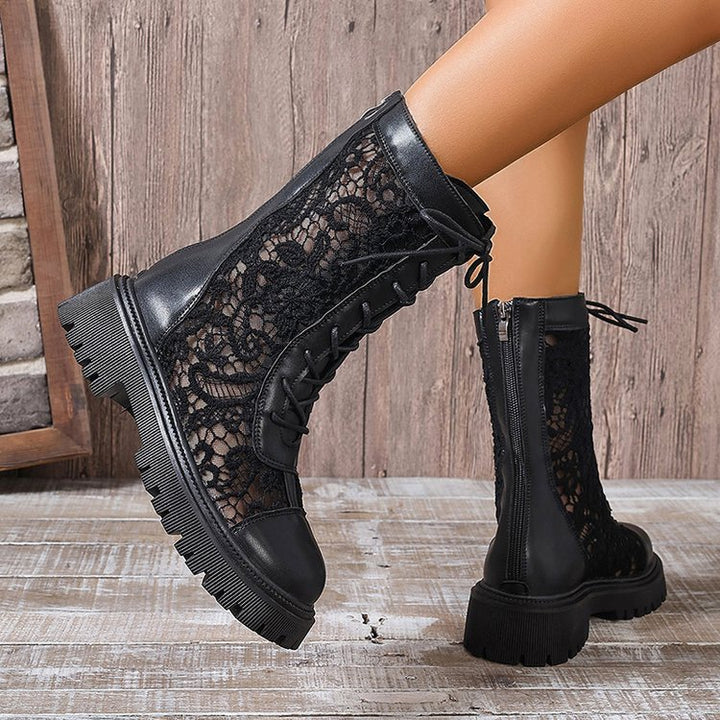Damen Schnürstiefel mit Spitzeneinsätzen, robuster Profilsohle und Lederoptik Drune