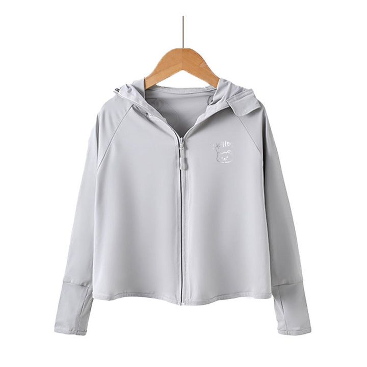 Damen leichte Sportjacke mit Kapuze und dezentem Motiv Drune