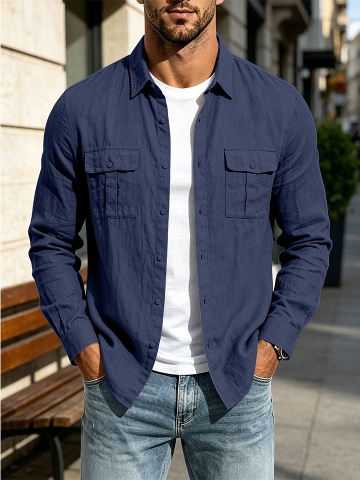 Herren Leichte Hemdjacke aus Baumwoll-Leinen mit Brusttaschen und lockerer Passform Drune