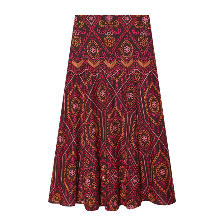 Damen nan bestickter A-Linien Midirock mit Lochstickerei, Stufenvolant und welligem Saum Drune