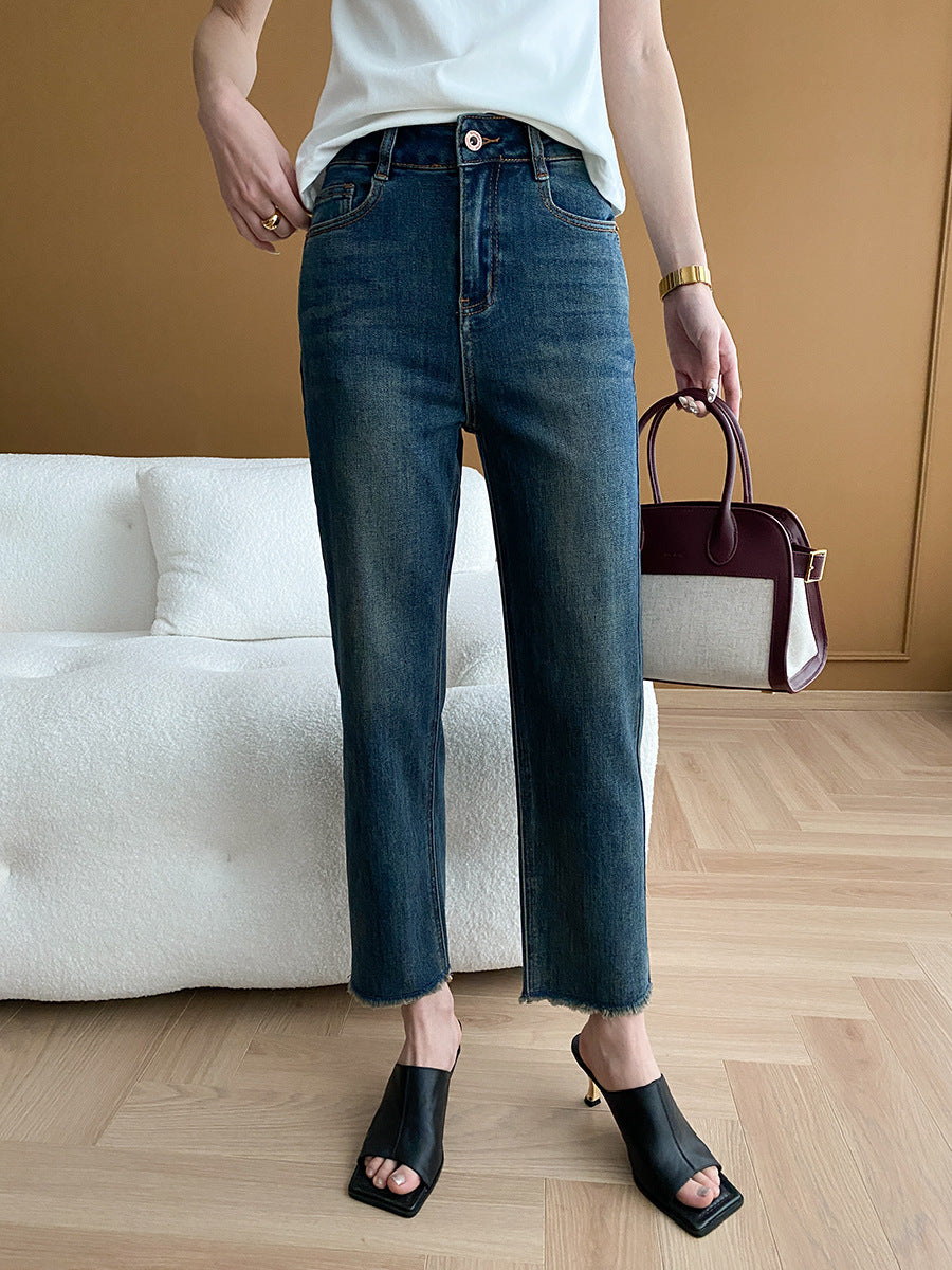 Damen High-Waist Jeans mit fransigen Säumen Drune