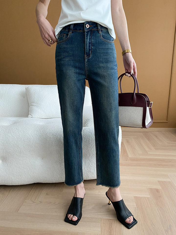 Damen High-Waist Jeans mit fransigen Säumen Drune