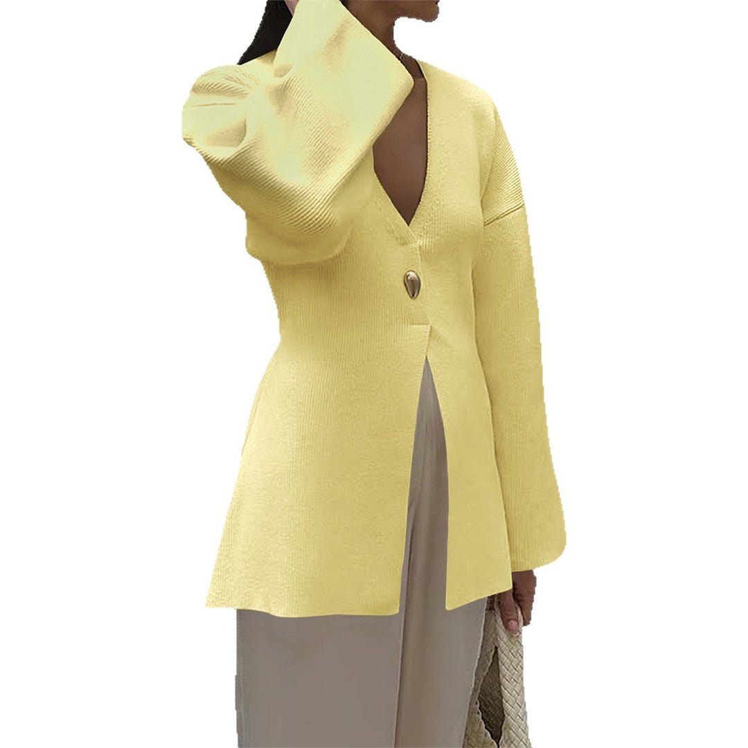 Damen nan taillierter Feinstrick-Cardigan mit V-Ausschnitt, Zierknopf und frontaler Schlitz Drune