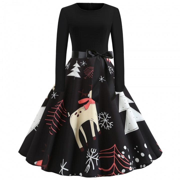 Damen festliches A-Linien Kleid mit weihnachtlichem Rentier-Print und Satin-Taillenband Drune