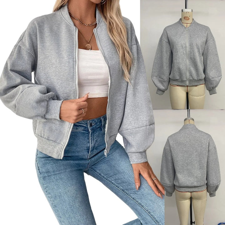 Damen sportliche Sweatjacke mit voluminösen Ärmeln und hohem Kragen Drune