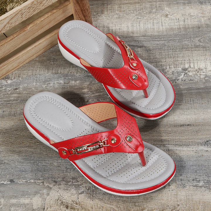 Damen Komfortable Fußbett-Zehentrenner-Sandalen mit modischen Applikationen Drune