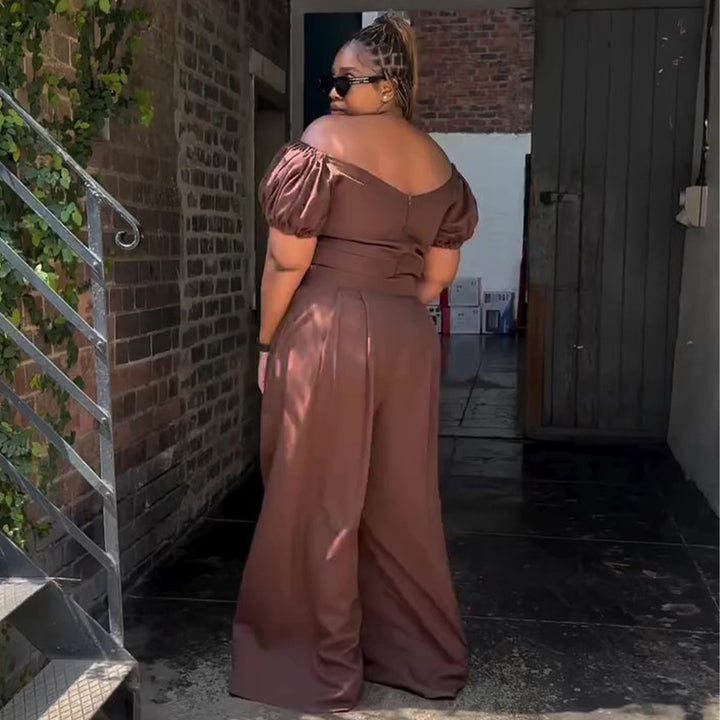 Damen Crop-Top und Palazzo-Hosen Set mit voluminösen Ärmeln und eleganten Falten Drune