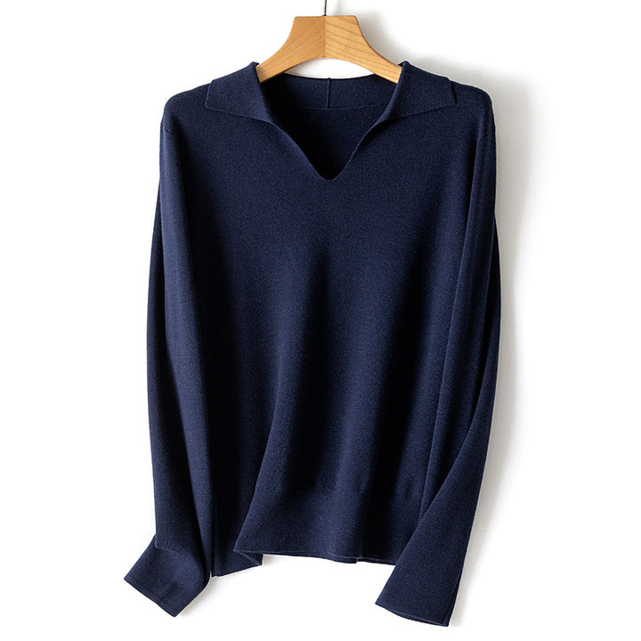 Damen feiner leichter V-Ausschnitt-Pullover mit offenem Hemdkragen und legerer Silhouette Drune