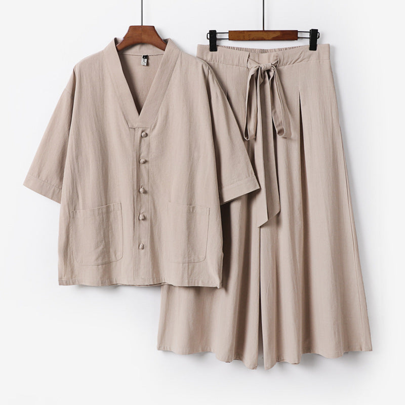 Damen Zweiteiliges Kimono-Lounge-Set mit Kurzarm-Knopfjacke, aufgesetzten Taschen und weiten Palazzo-Hosen Drune