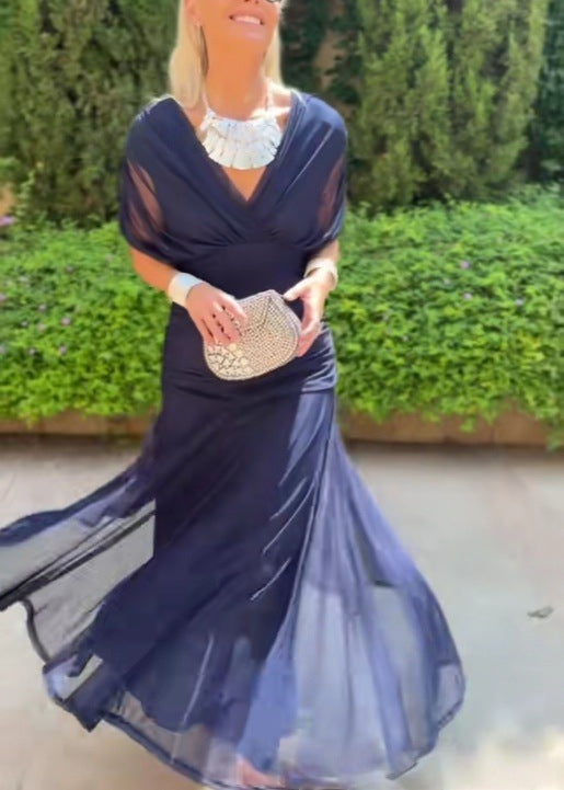 Damen nan elegantes bodenlanges Abendkleid mit drapierter Schulterpartie und luftiger Chiffon-Rock Drune