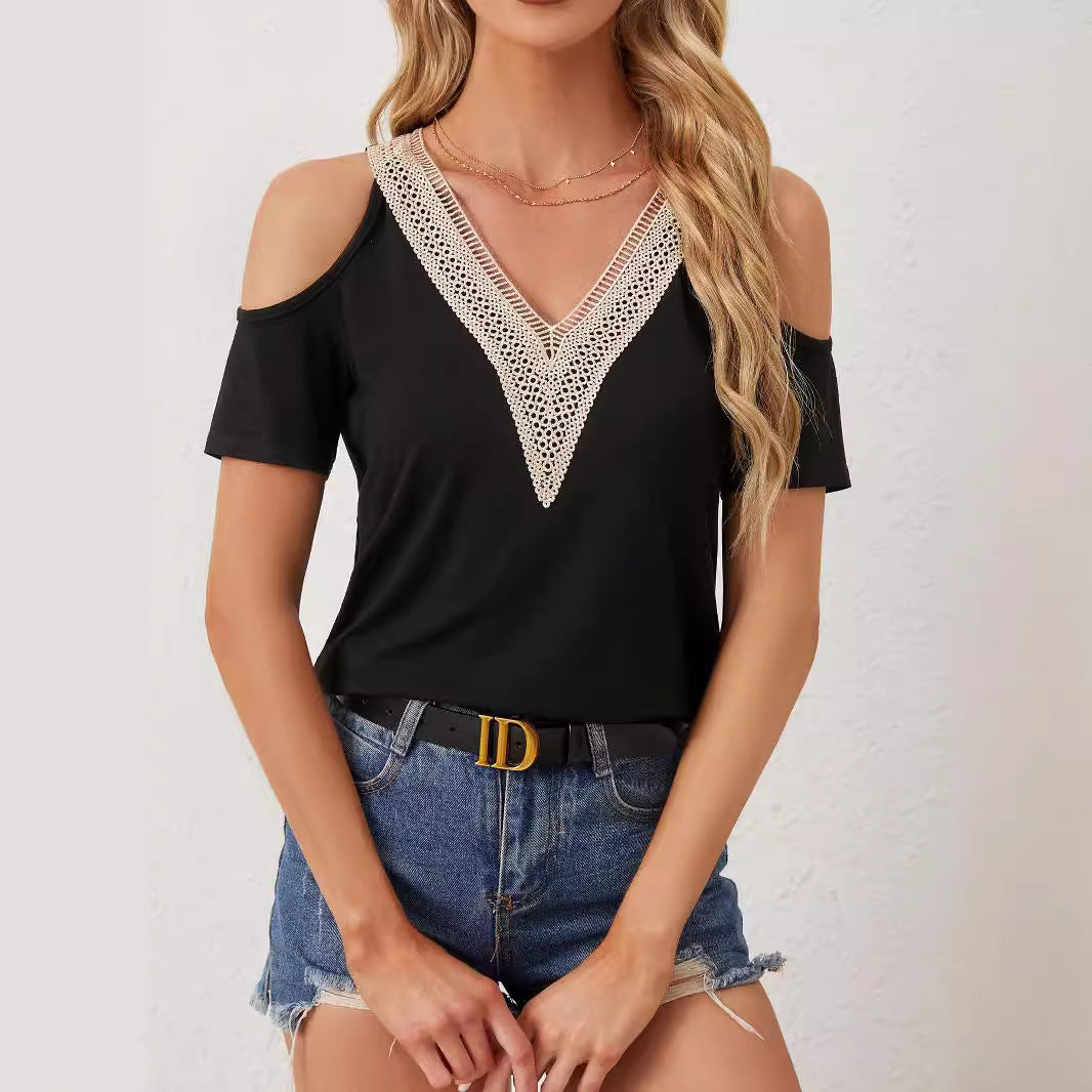 Damen nan leichtes Jerseyshirt mit offenen Schultern, tiefem V-Ausschnitt und gehäkeltem V‑Einsatz Drune