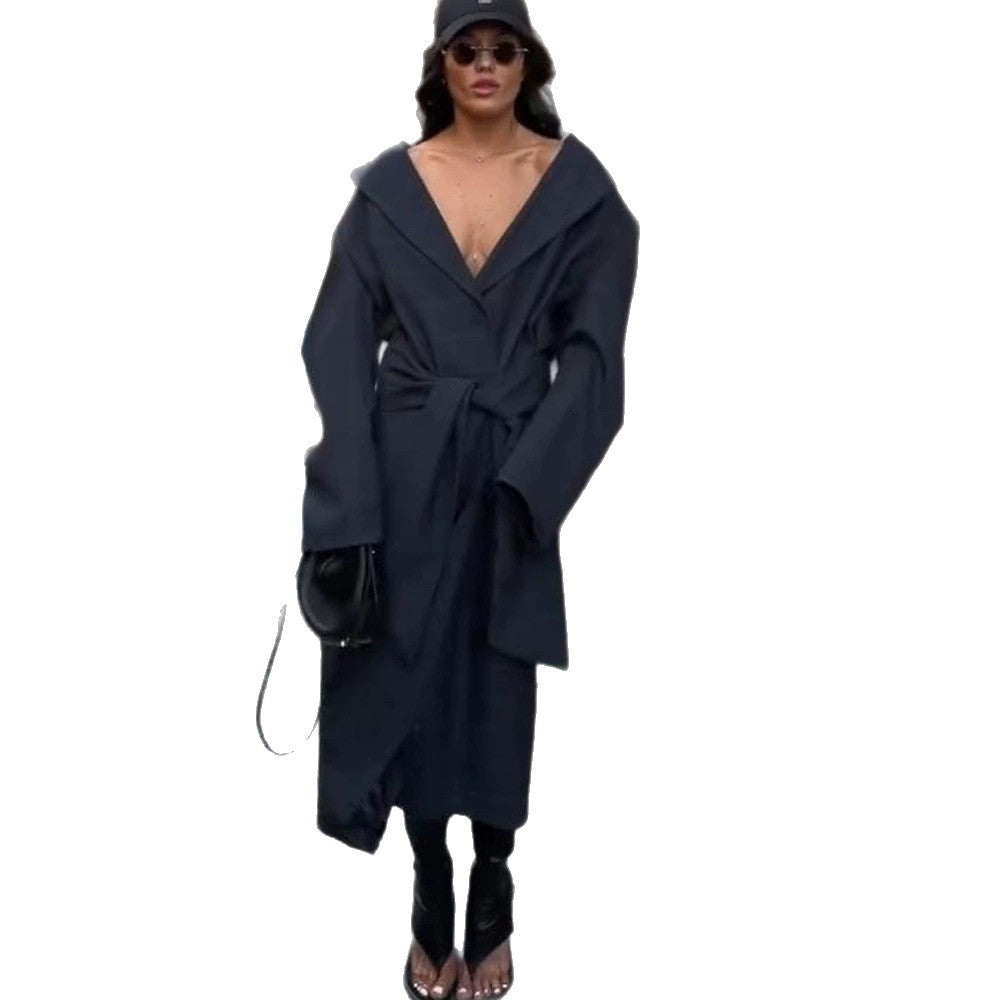 Damen Oversize Wickelmantel mit weitem Schalkragen und Bindegürtel Drune