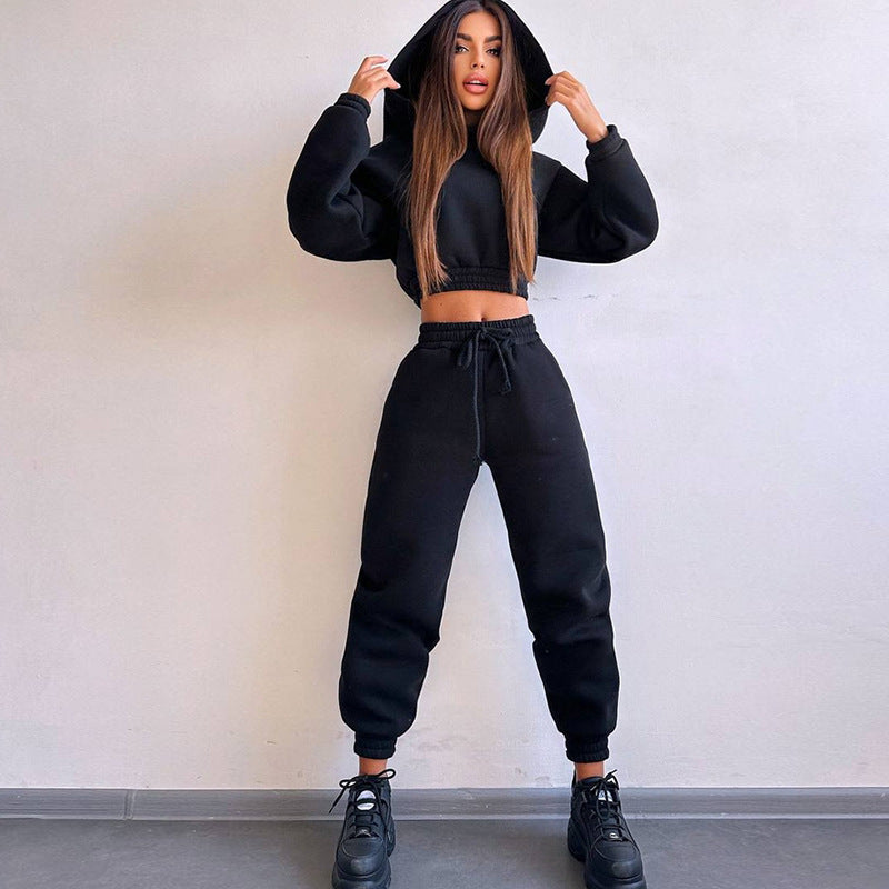 Damen cropped Stehkragen-Sweatset mit elastischem Taillenbund und hochtaillierter Tapered-Jogginghose Drune