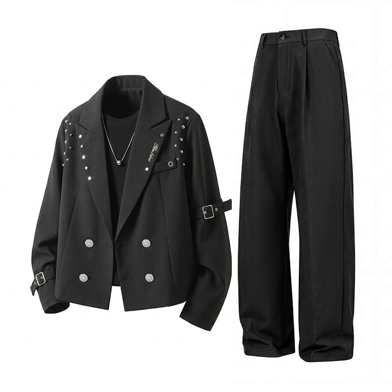 Herren Kurzblazer-Jacke im Rockigen Biker‑Look mit Nietenbesatz, Doppelreiher & Ärmel-Schnallen Drune