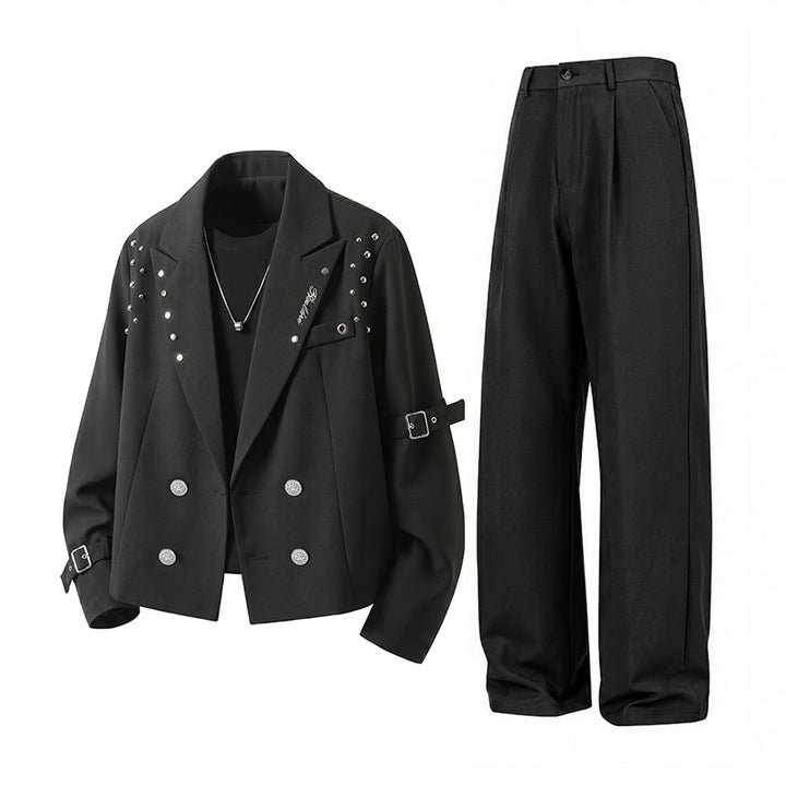 Herren Kurzblazer-Jacke im Rockigen Biker‑Look mit Nietenbesatz, Doppelreiher & Ärmel-Schnallen Drune