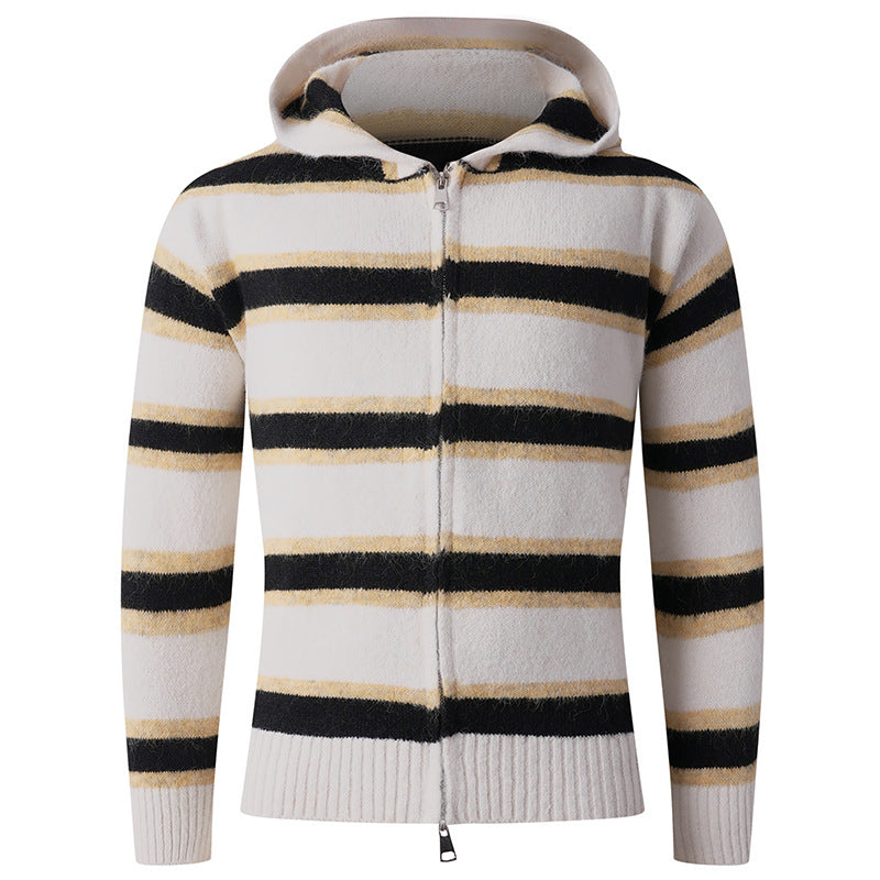 Herren Flauschige Kapuzen‑Strickjacke mit Doppelreißverschluss, Rippbündchen und horizontalem Streifenmuster Drune