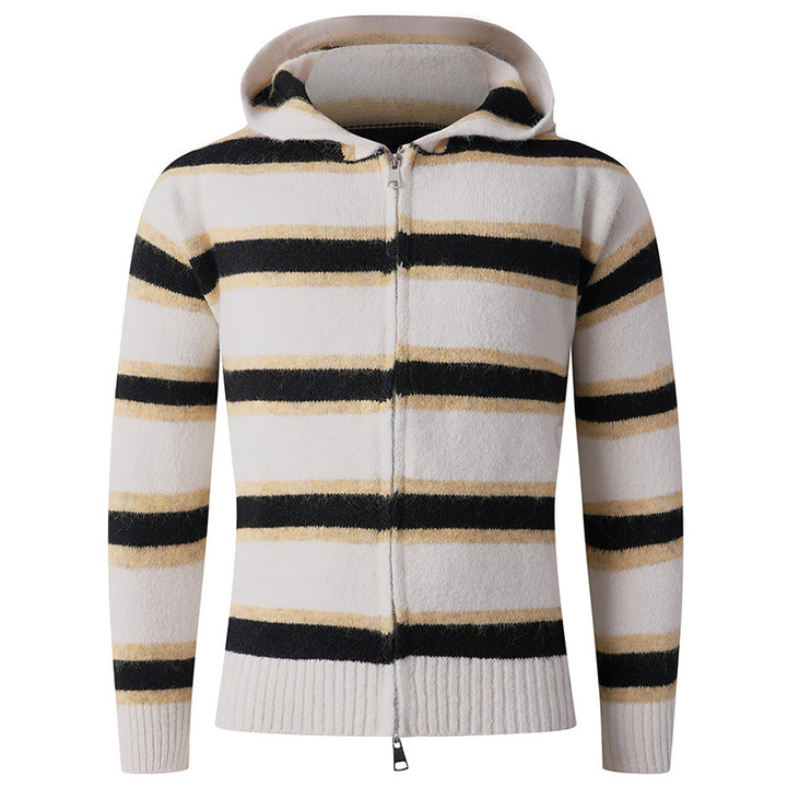 Herren Flauschige Kapuzen‑Strickjacke mit Doppelreißverschluss, Rippbündchen und horizontalem Streifenmuster Drune