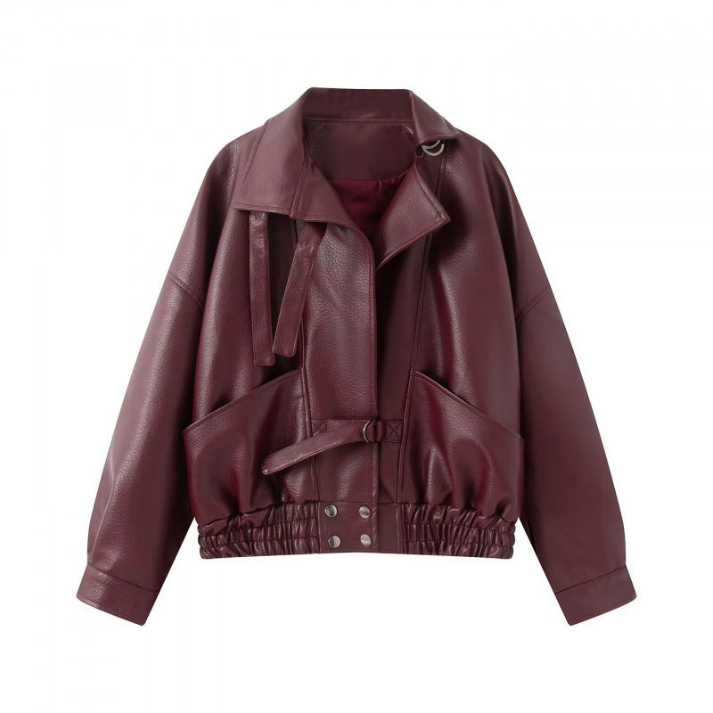 Damen 10+ taillierter Cropped Kunstleder‑Blouson mit Gürtel, elastischem Saum und Pattentaschen Drune