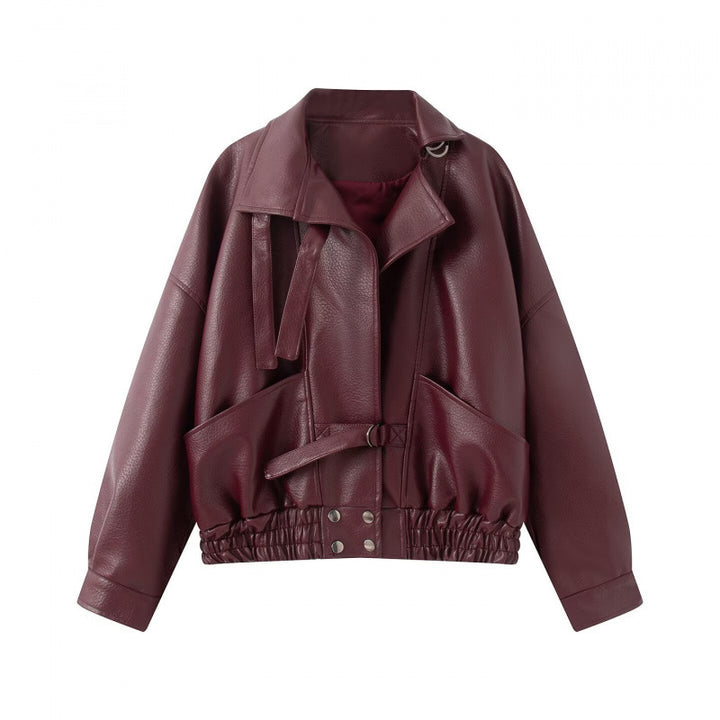 Damen 10+ taillierter Cropped Kunstleder‑Blouson mit Gürtel, elastischem Saum und Pattentaschen Drune