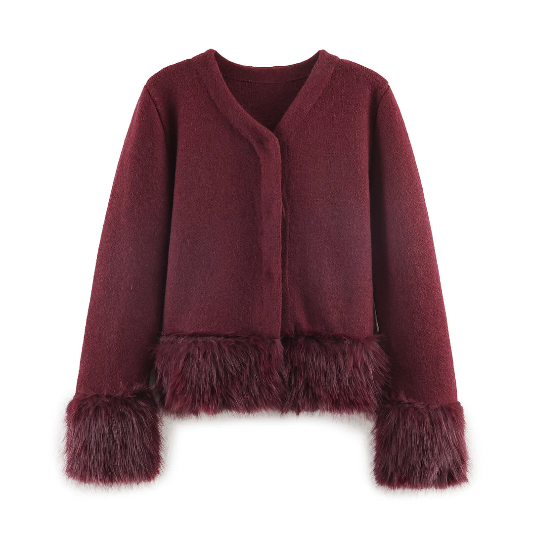 Damen nan kurze Wolljacke mit flauschigem Kunstfellbesatz am Saum und Ärmeln Drune