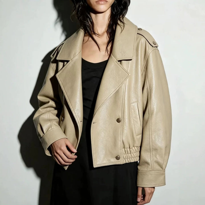 Damen Oversize Lederimitat-Blouson mit doppelreihiger Knopfleiste, weitem Revers und elastischem Saum Drune