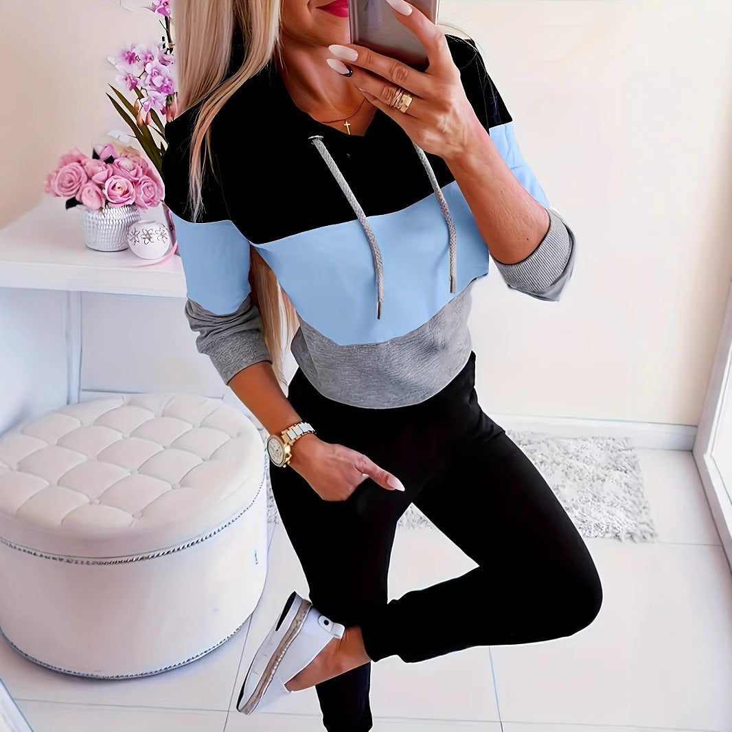 Damen modischer Freizeitpullover mit Kapuze und Farbblockdesign Drune