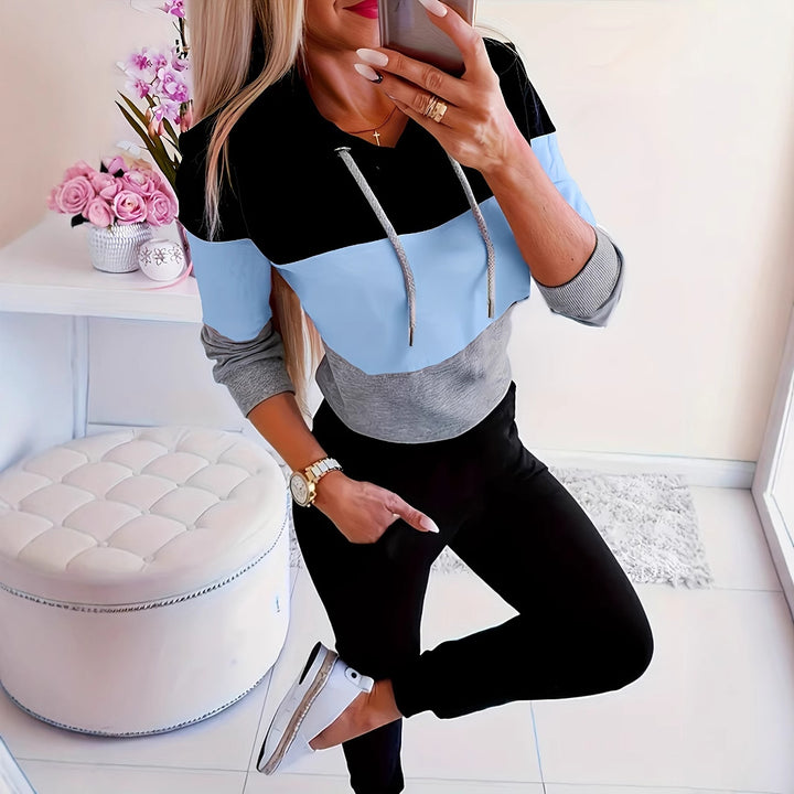 Damen modischer Freizeitpullover mit Kapuze und Farbblockdesign Drune
