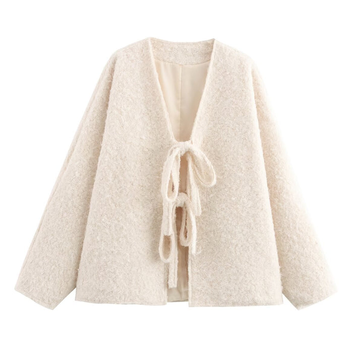 Damen lässige Wolljacke mit Bindebändern Drune
