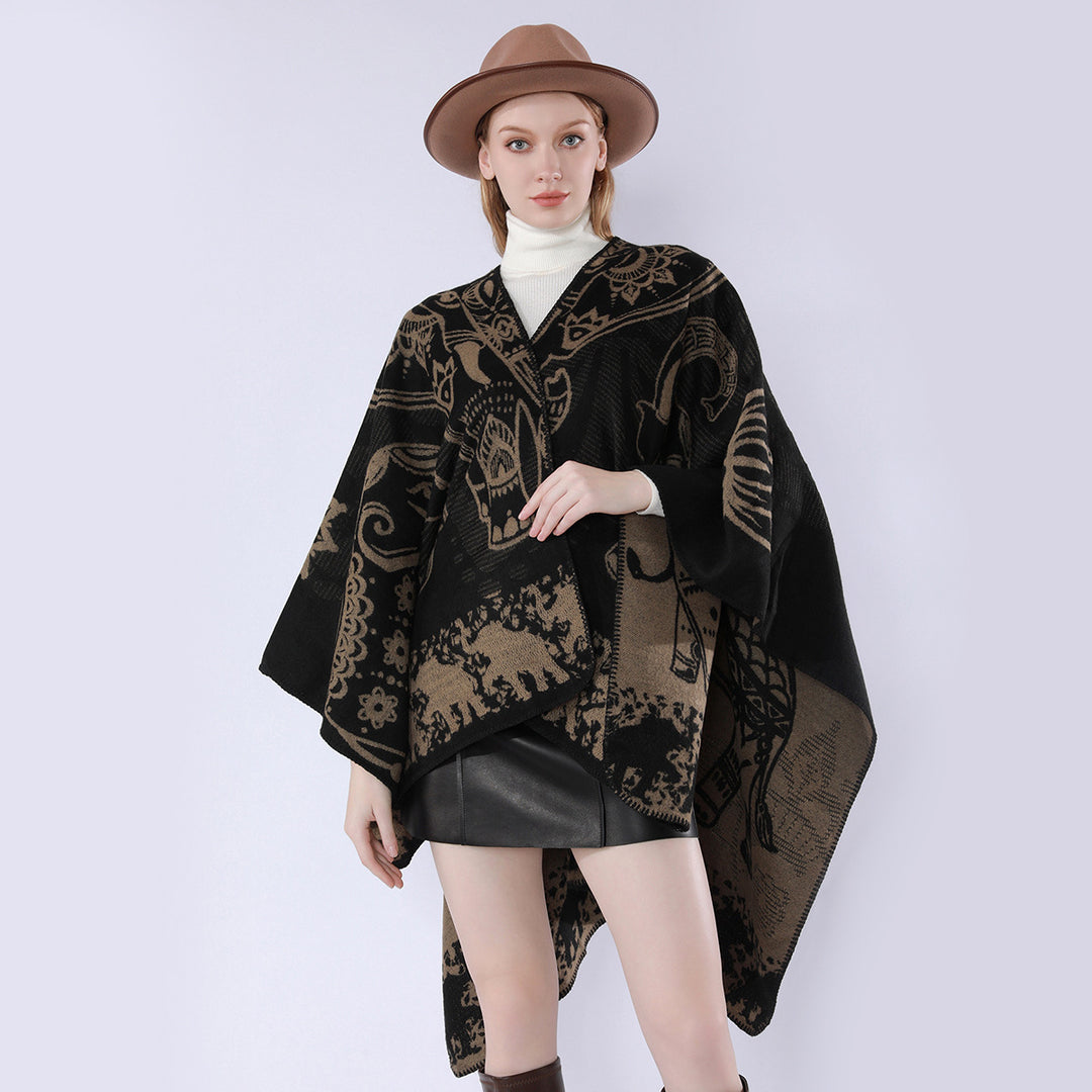 Damen Jacquard-Kimono-Cape aus Wollmix mit ornamentalen Tiermotiven Drune