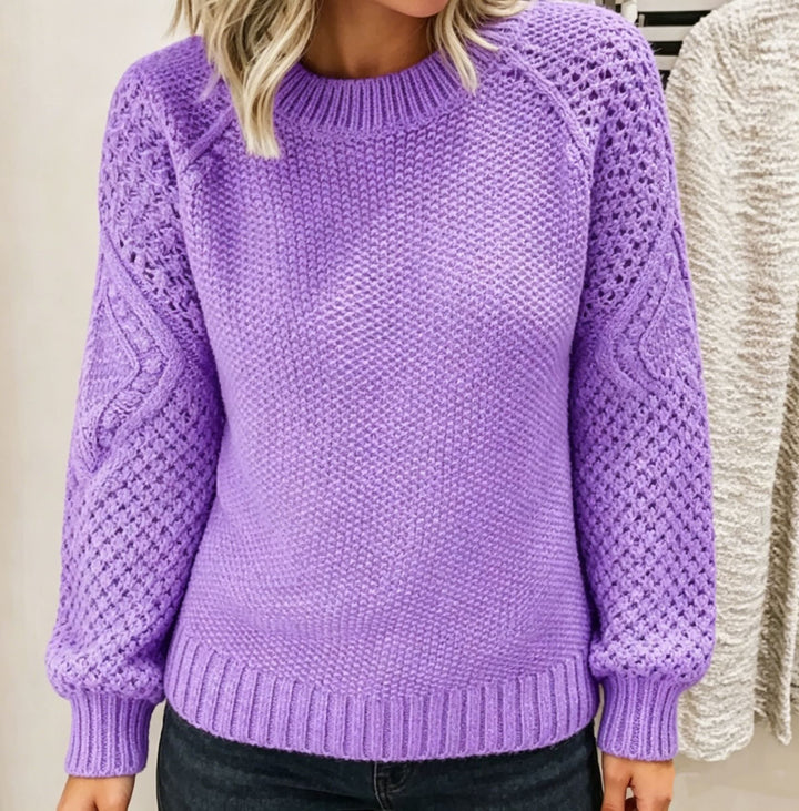 Damen Grobgestrickter Rundhals-Pullover mit Ajour- und Zopfmusterärmeln Drune