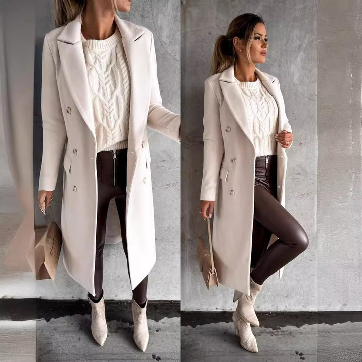 Damen Eleganter Doppelreiher-Mantel mit strukturiertem Stoff und taillierbarem Gürtel Drune